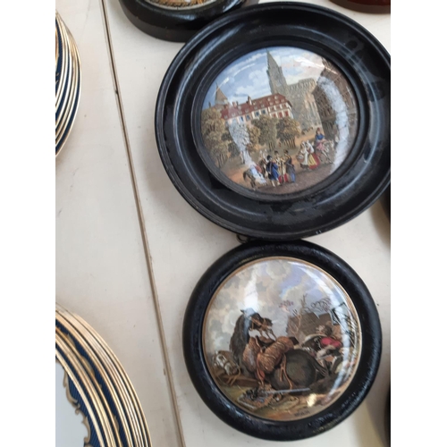 226 - Eight framed 19th century Staffordshire Prattware pot lids to include Uncle Toby, I see you my boy, ... 