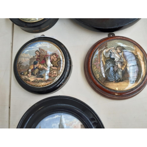 226 - Eight framed 19th century Staffordshire Prattware pot lids to include Uncle Toby, I see you my boy, ... 