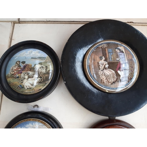 226 - Eight framed 19th century Staffordshire Prattware pot lids to include Uncle Toby, I see you my boy, ... 