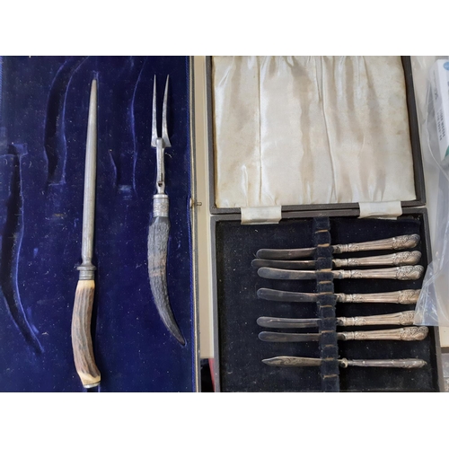 260 - An incomplete cased carving set with antler handles and an incomplete set of six hallmarked Sheffiel... 