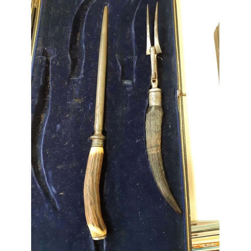 260 - An incomplete cased carving set with antler handles and an incomplete set of six hallmarked Sheffiel... 