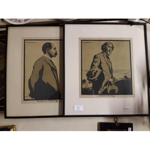 301 - Two framed illustration prints originally painted by William Nicholson - one titled 'Rudyard Kipling... 