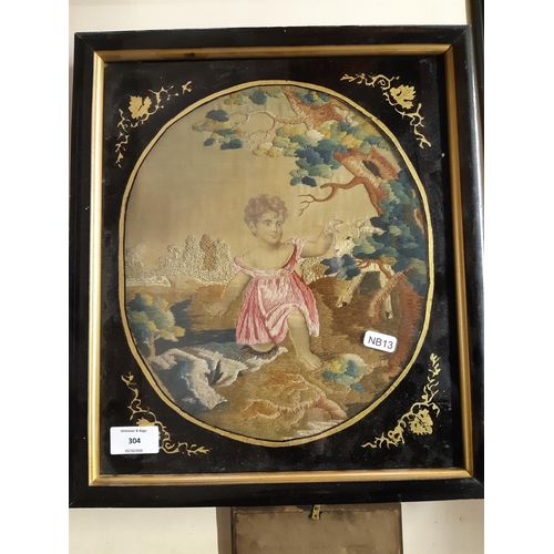 304 - An excellent quality 19th century needlework/painting of a young girl stroking lamb - measuring appr... 