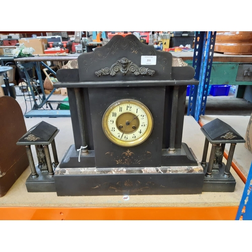 332 - An impressive Victorian slate and marble chiming mantel clock with off white enamel dial, brass beze... 