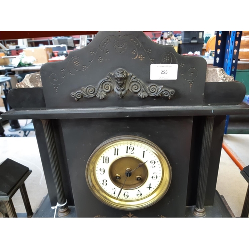 332 - An impressive Victorian slate and marble chiming mantel clock with off white enamel dial, brass beze... 