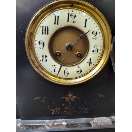 332 - An impressive Victorian slate and marble chiming mantel clock with off white enamel dial, brass beze... 