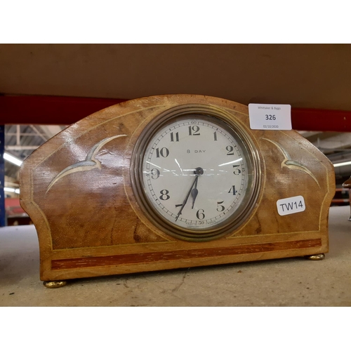 326 - An early 20th century French inlaid mahogany cased 8 day mantel clock with mother of pearl bird inla... 