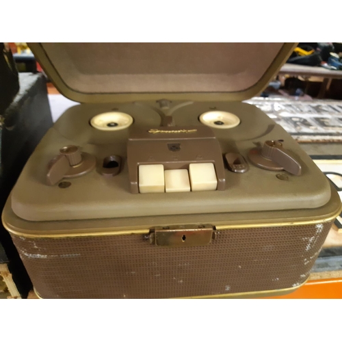 331 - A Grundig TK5 reel to reel player together with an early 20th century black record case containing a... 