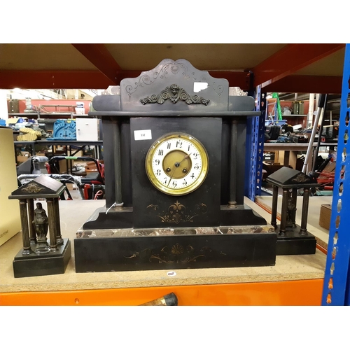 332 - An impressive Victorian slate and marble chiming mantel clock with off white enamel dial, brass beze... 