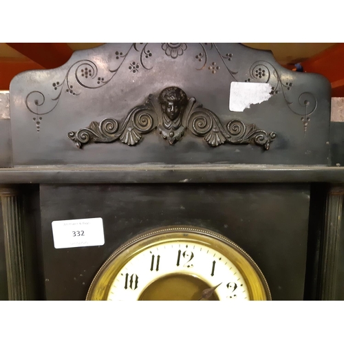 332 - An impressive Victorian slate and marble chiming mantel clock with off white enamel dial, brass beze... 