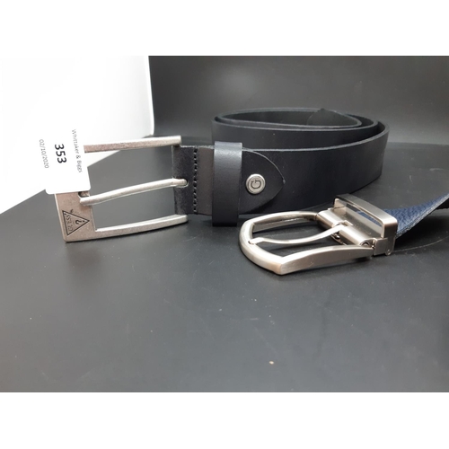 353 - Two men's leather belts to include a Guess black leather belt - 105cm and an Italian blue leather be... 