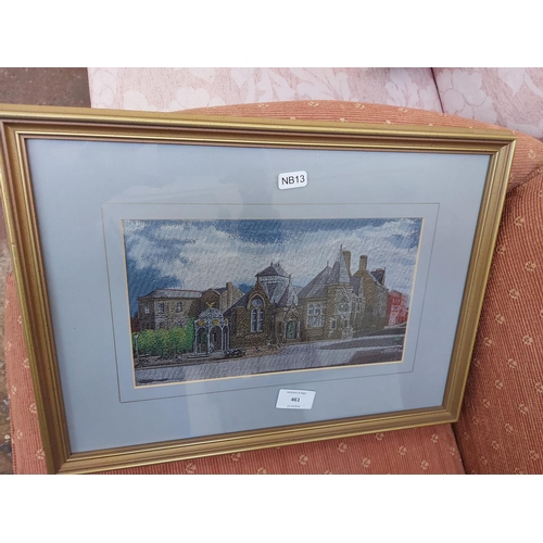 461 - A framed woven silk picture depicting The Kershaw Fountain and The Chadwick Free Library which was d... 