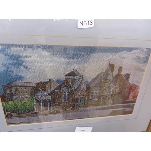 461 - A framed woven silk picture depicting The Kershaw Fountain and The Chadwick Free Library which was d... 