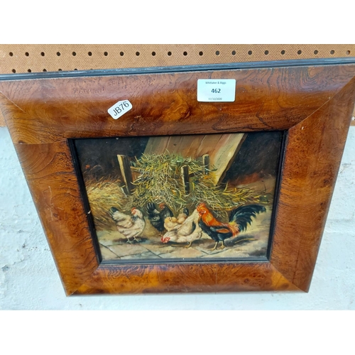 462 - A yew wood framed oil on board of a chicken and barn scene signed E.Mors 1972 - measuring approx. 39... 