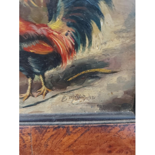 462 - A yew wood framed oil on board of a chicken and barn scene signed E.Mors 1972 - measuring approx. 39... 