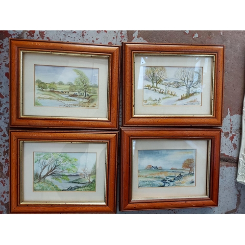 466 - A box containing various artwork to include miniature watercolours of landscape scenes, print of a p... 