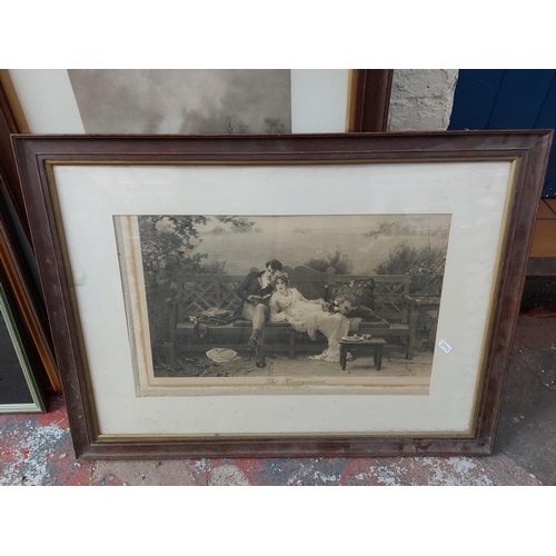 471 - A collection of antique and vintage framed pictures to include a Victorian black and white engraving... 