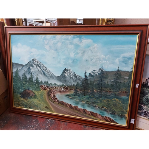 473 - Six various framed pictures to include a large oil on canvas of a snowy mountain and lake scene, pho... 