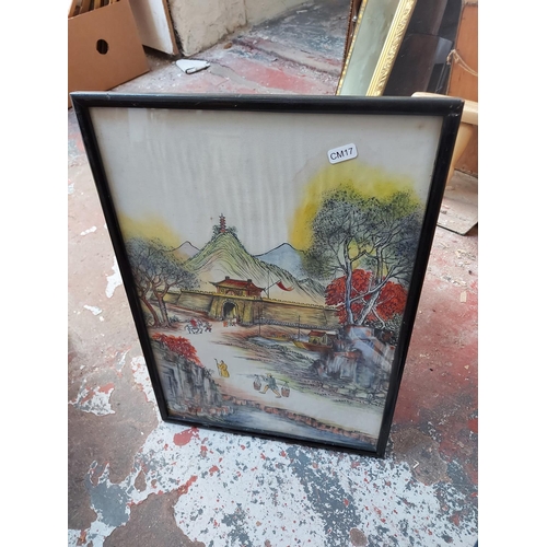 474 - A collection of framed pictures to include an oriental painting of a garden and mountain scene, mode... 