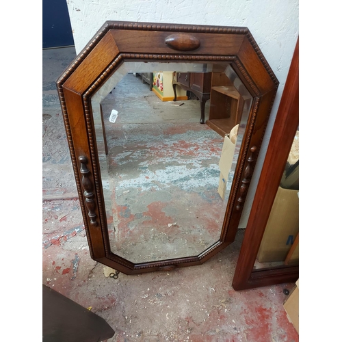 475 - Three vintage mirrors to include two Art Deco bevel edged frameless wall mirrors and a vintage oak f... 