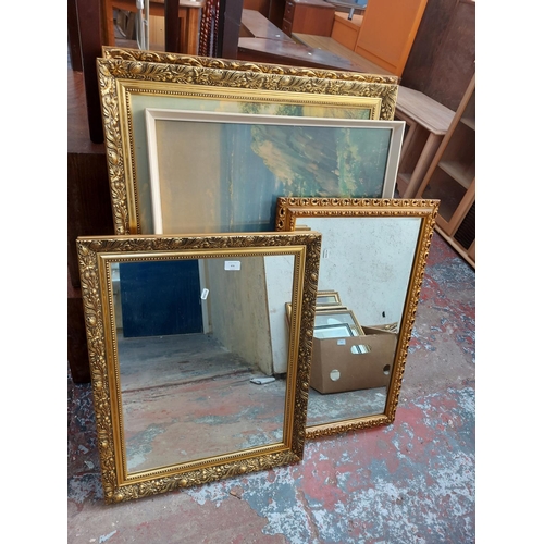 476 - Six framed pictures and mirrors to include two Victorian style rectangular wall mirrors, mahogany ef... 