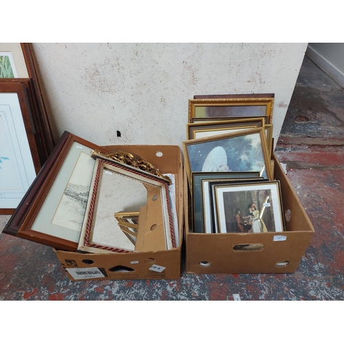 477 - Two boxes containing various framed pictures and prints together with an antique style wall mirror