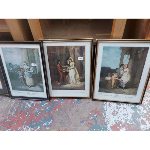 477 - Two boxes containing various framed pictures and prints together with an antique style wall mirror