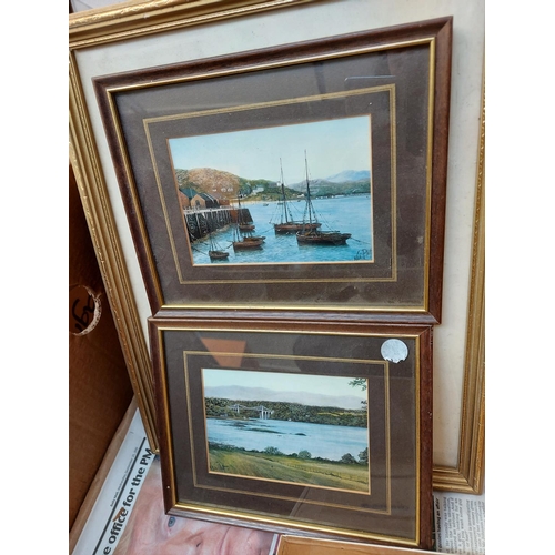 477 - Two boxes containing various framed pictures and prints together with an antique style wall mirror