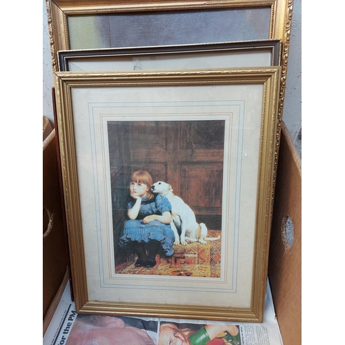 477 - Two boxes containing various framed pictures and prints together with an antique style wall mirror