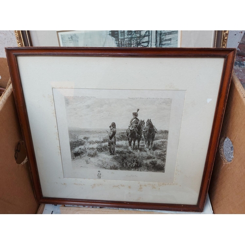 477 - Two boxes containing various framed pictures and prints together with an antique style wall mirror