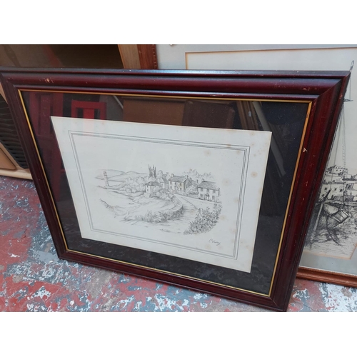 477 - Two boxes containing various framed pictures and prints together with an antique style wall mirror