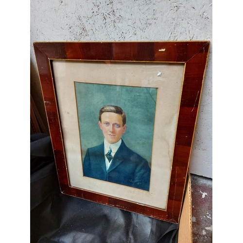 477 - Two boxes containing various framed pictures and prints together with an antique style wall mirror