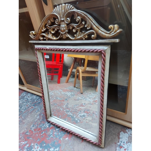 477 - Two boxes containing various framed pictures and prints together with an antique style wall mirror