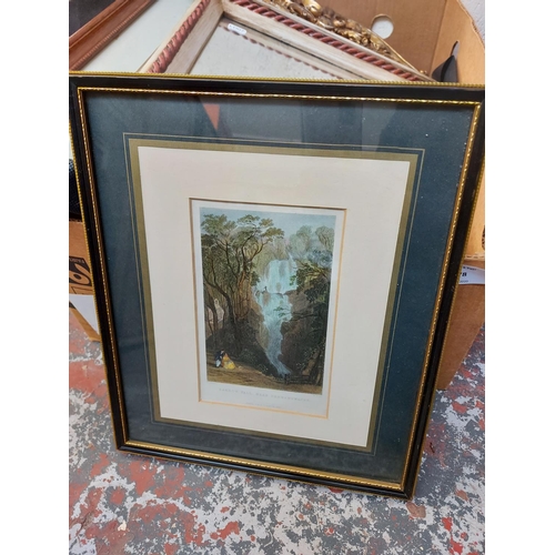 477 - Two boxes containing various framed pictures and prints together with an antique style wall mirror