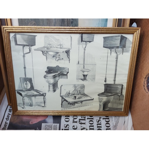 477 - Two boxes containing various framed pictures and prints together with an antique style wall mirror