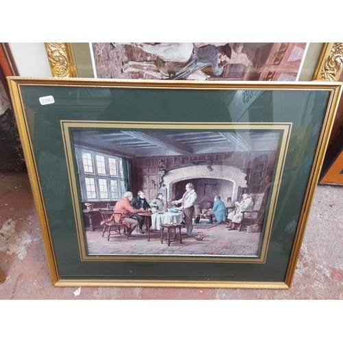 487 - Four various framed prints to include one a tavern scene, limited edition no. 284 of 500 dog print e... 