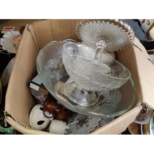 389 - Three boxes containing mixed items to include a set of Victorian style cast metal kitchen scales, la... 