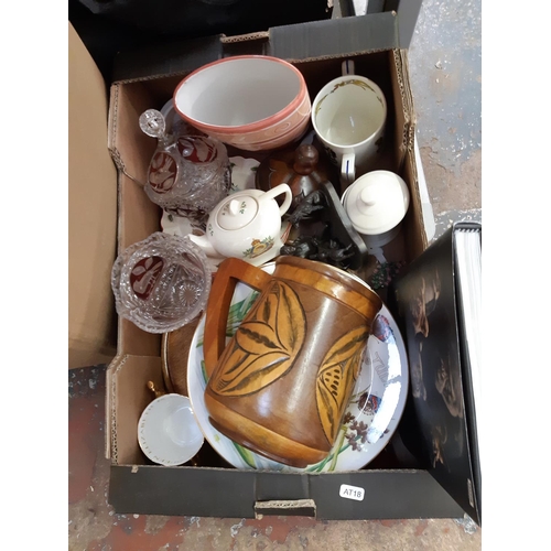 389 - Three boxes containing mixed items to include a set of Victorian style cast metal kitchen scales, la... 