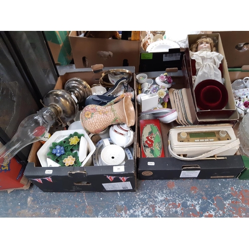 391 - Six boxes containing mixed items to include vintage style Roberts DAB radio, mandolin, mahogany free... 