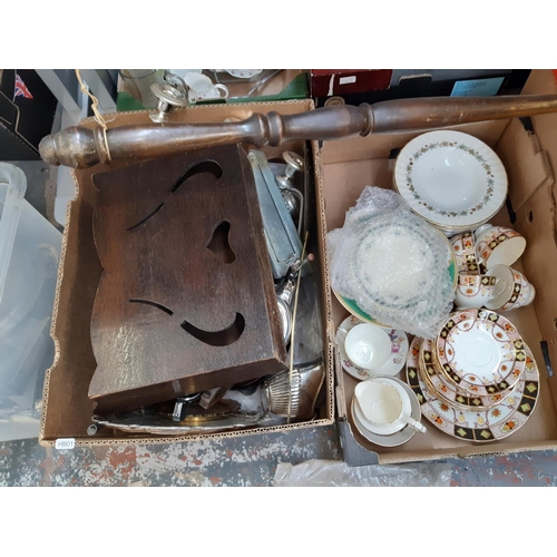 399 - Twelve boxes containing mixed items to include horse brasses, pewter teapot and tray, various china,... 