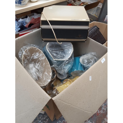 405 - A box containing a large quantity of vintage light and lamp shades and a Grundig Deluxe TK181 reel t... 