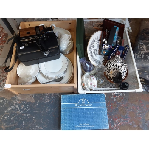 422 - Two boxes containing mixed items to include an approx. 39 piece Royal Doulton Carnation part dinner ... 