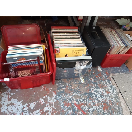 432 - Three boxes and a record case containing a large quantity of mixed LP records to include Oscar Peter... 