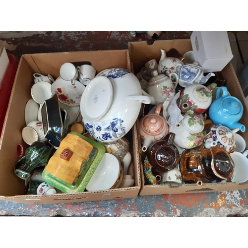 433 - Five boxes containing mixed china and glassware to include carnival glassware, Wood & Sons oriental ... 