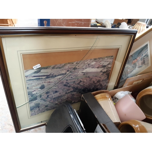 437 - A box containing mixed items to include framed prints, folding camping chairs, china etc.