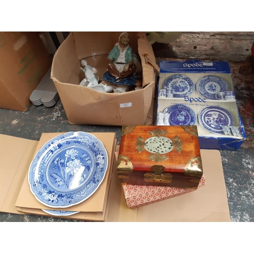 445 - A box containing mixed china to include seven pieces of Aynsley Cottage Garden, boxed set of four Sp... 