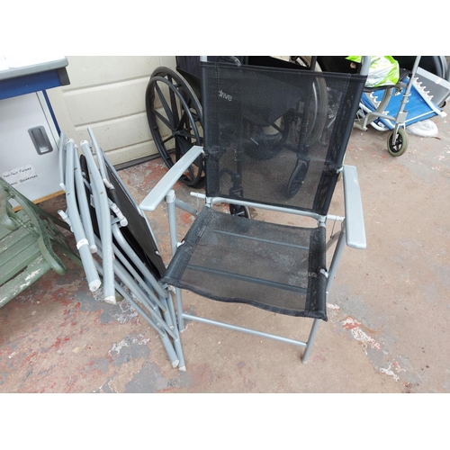 716 - Five items to include a black Drive self-propelled folding wheelchair, three grey metal folding pati... 