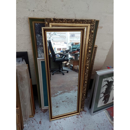 428 - Seven items to include three various gilt framed mirrors, print on board titled 'Childhood' by Anna ... 