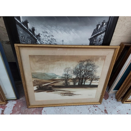 429 - Six various pictures to include a gilt framed oil on board of a bridge and canal scene, framed horse... 