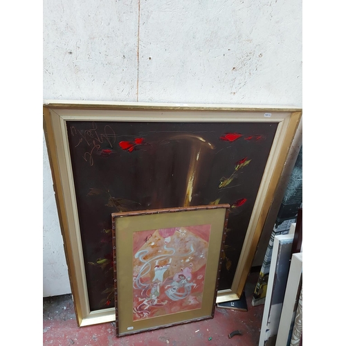 433 - Two framed pictures to include an oriental watercolour signed 'Josie Leigh' and a vintage white and ... 